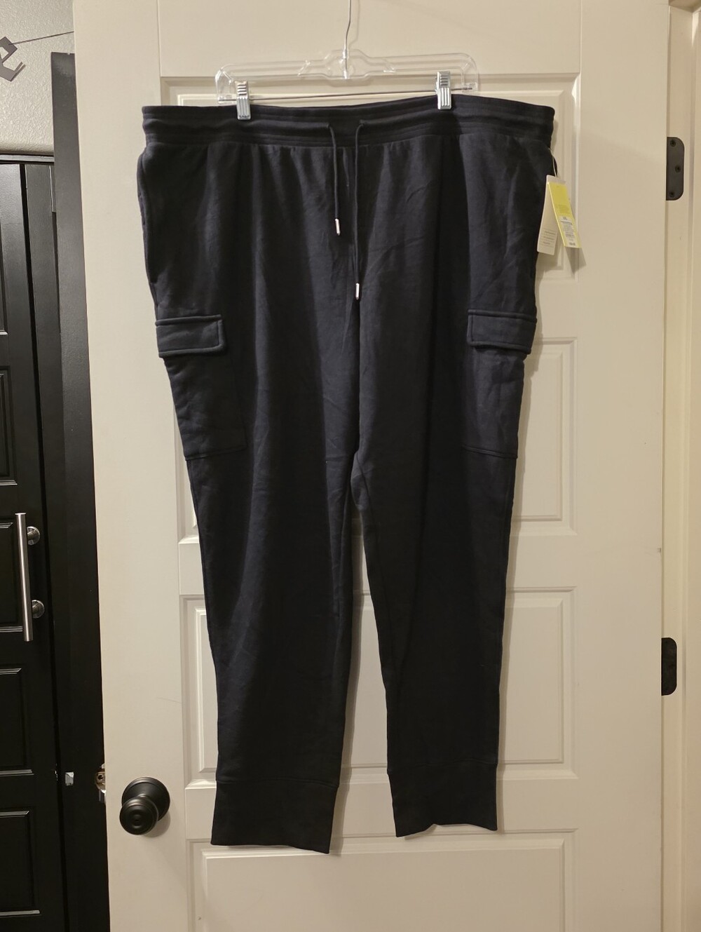 Black Cargo Cotton Fleece Joggers with Drawstring Size XXL
